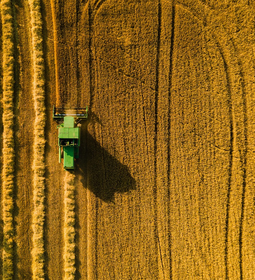 a green machine in a field of brown wheat