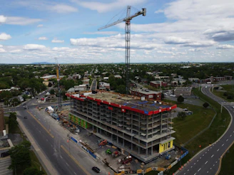 a large building with a crane