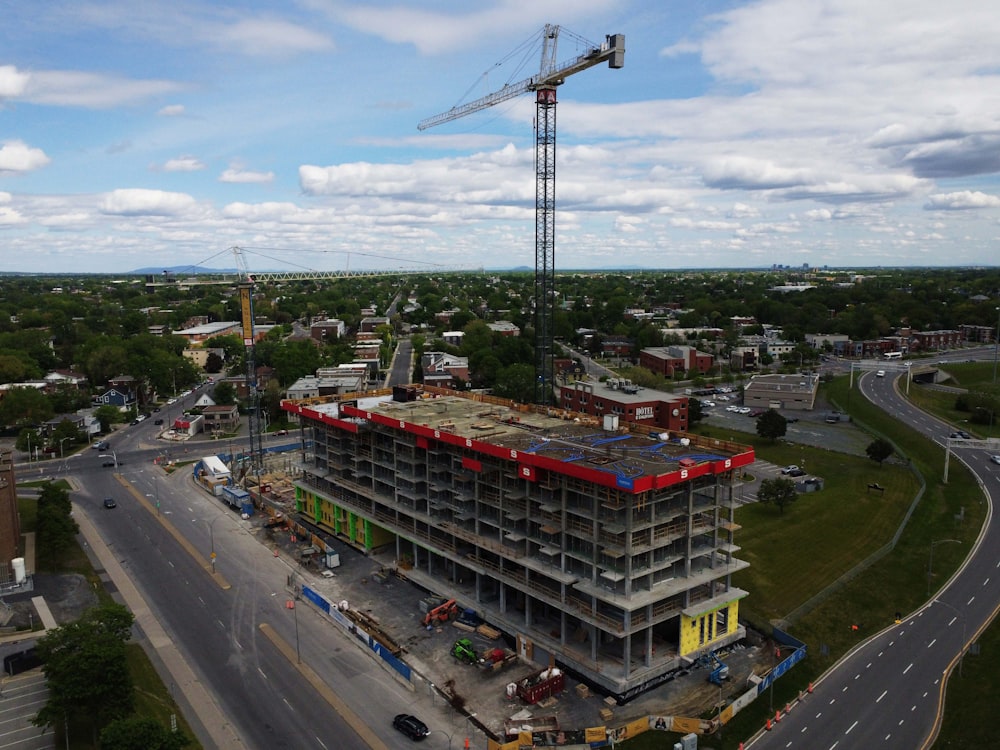 a large building with a crane