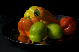 A vibrant modern art style illustration of fresh fruits and vegetables glowing in morning light.