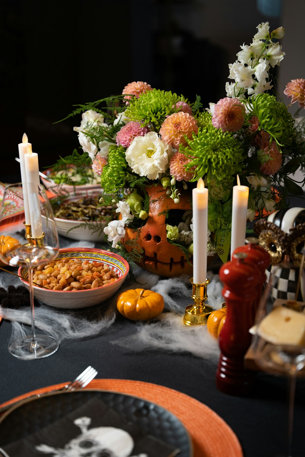a table with food and flowers