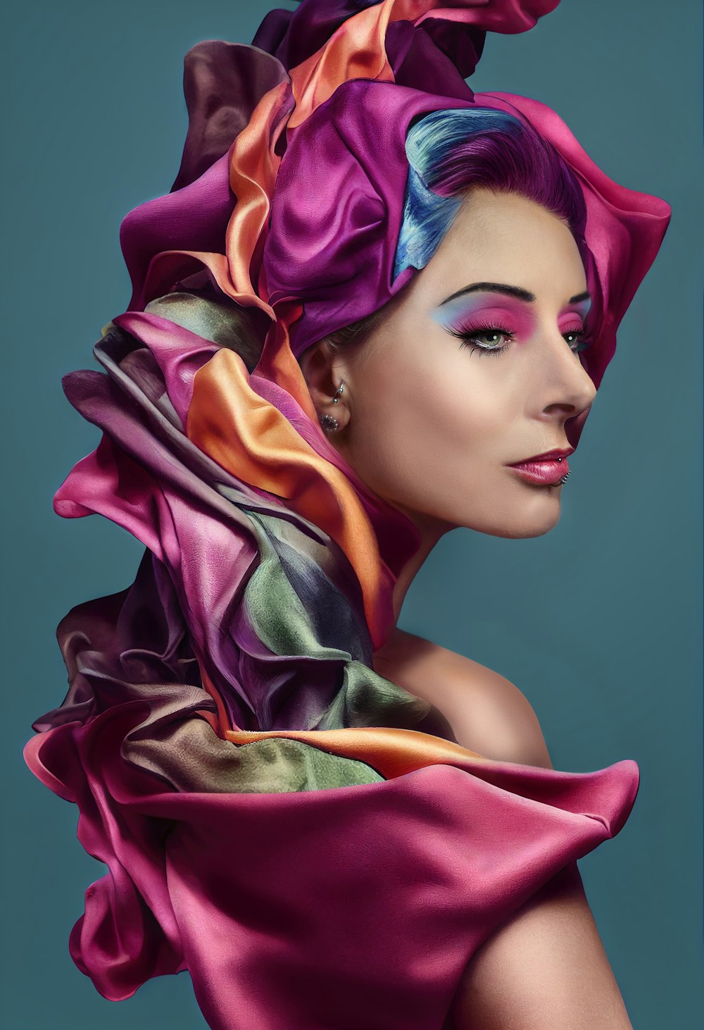 a woman wearing a colorful headdress
