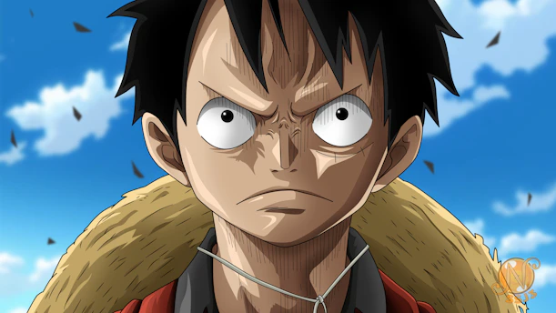 A close-up of a determined anime character with black hair and a straw hat