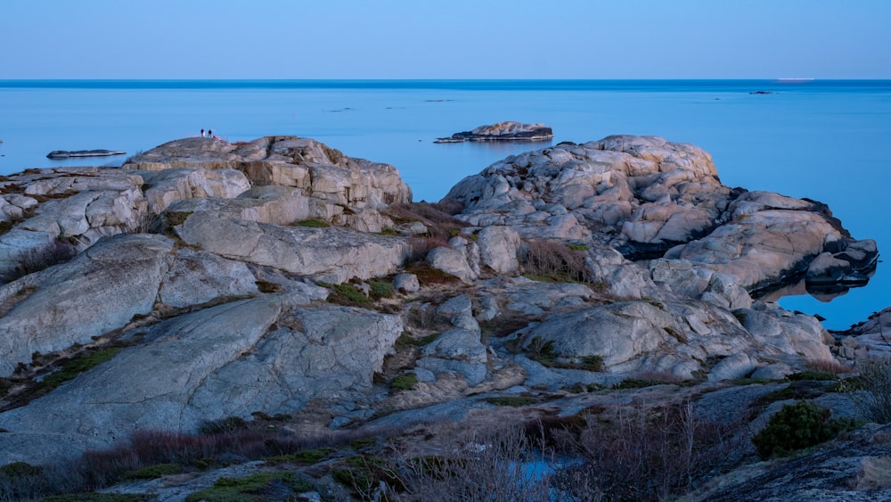 a rocky shoreline with a body of water in the background