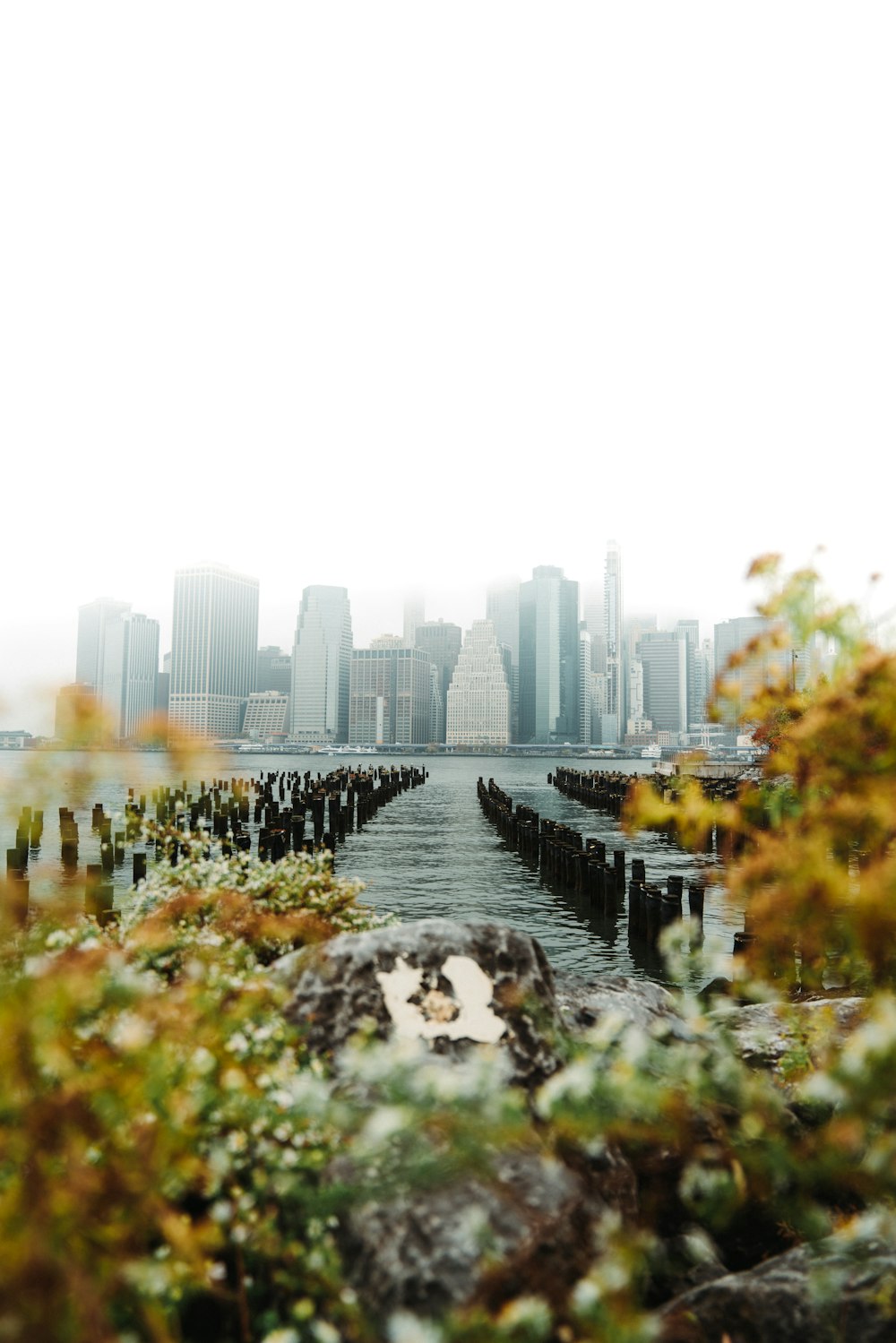 a city skyline with a body of water in the foreground