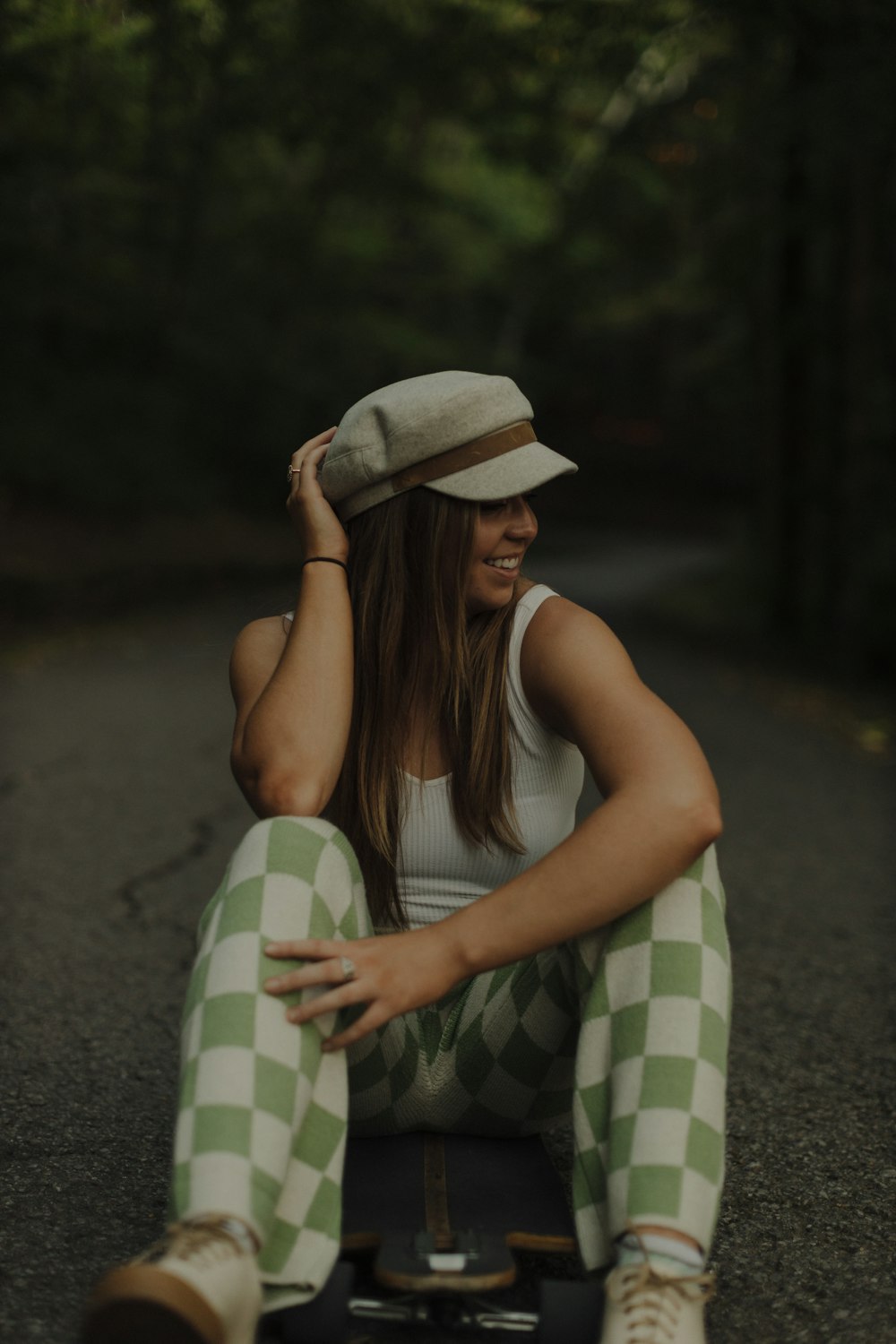 a woman sitting on a bench