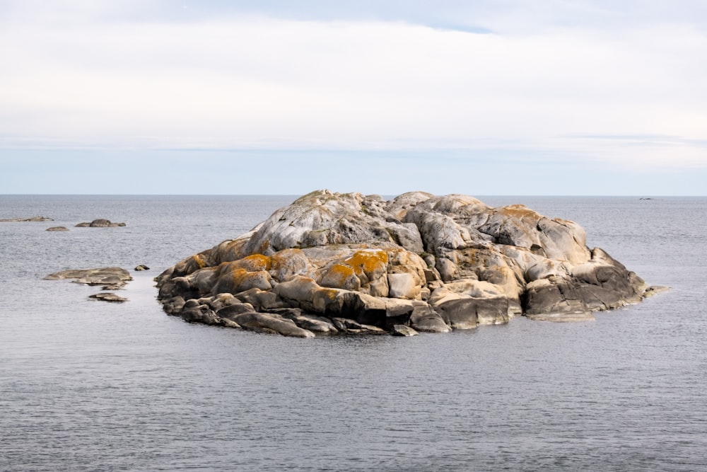 a rocky shoreline with a body of water in the background