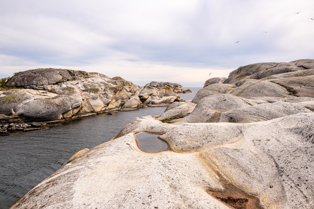 a rocky beach with a body of water and a cloudy sky