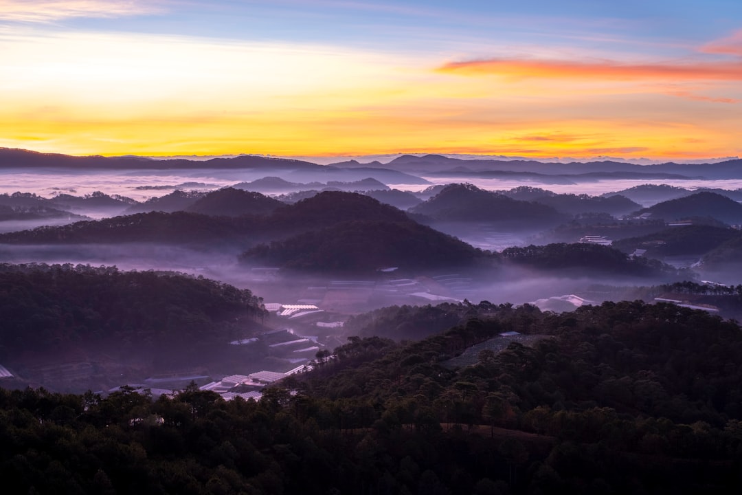 a view of a valley with a river running through it
