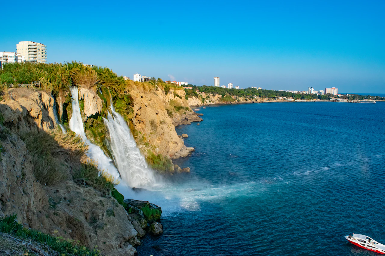 Lower Düden waterfall dropping from the Lara cliffs into the sea