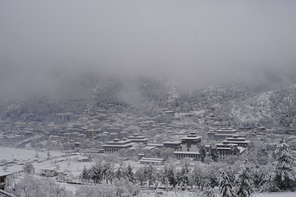 雪の中の町の白黒写真