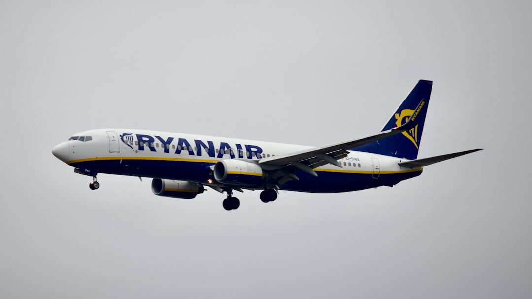 a large airplane flying in the sky, Rynair Boeing 737 landing at Frankfurt Airport