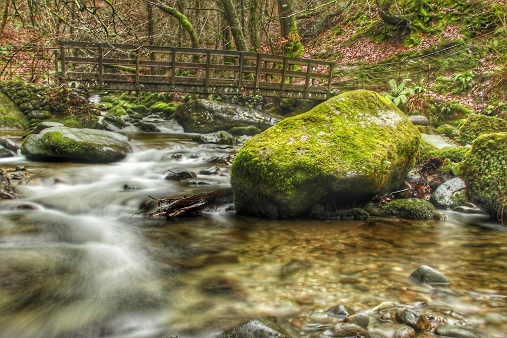 a stream with rocks and a bridge