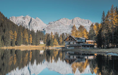a house by a lake with mountains in the background