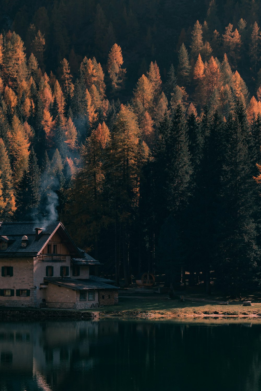 a house next to a lake