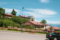 Houses with red-tiled roofs nestled among lush green trees, situated on a gentle hillside. A clear blue sky with a few clouds and a bird flying above provides a serene backdrop. A road runs in the foreground with a black car passing by and a streetlight nearby.