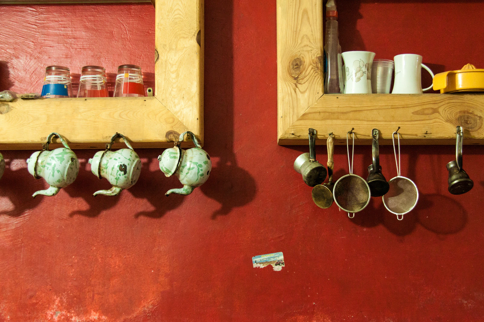 Real kitchen counter with cookware and utensils