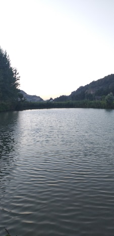 A serene lake at dawn with gentle ripples.