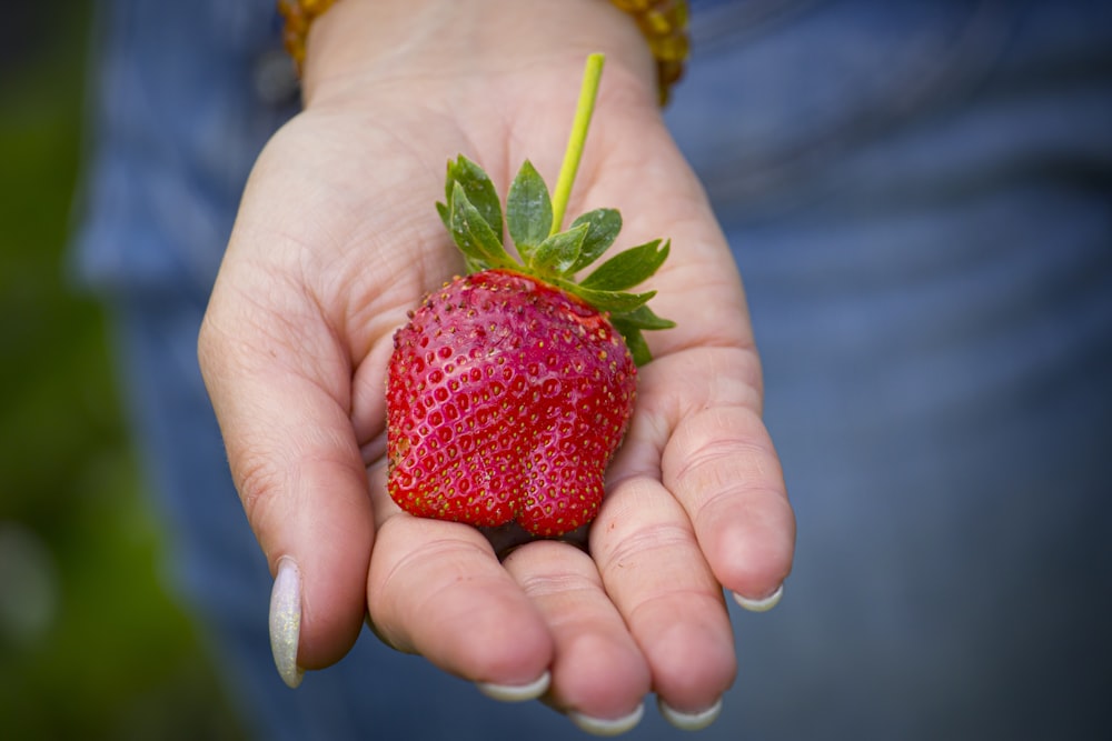 a person holding a strawberry