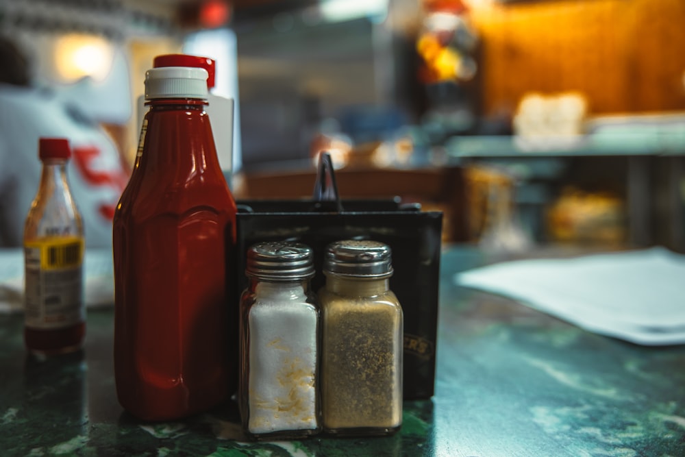 a group of bottles on a counter