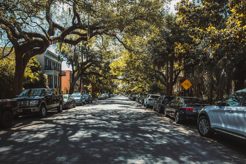 a street lined with parked cars