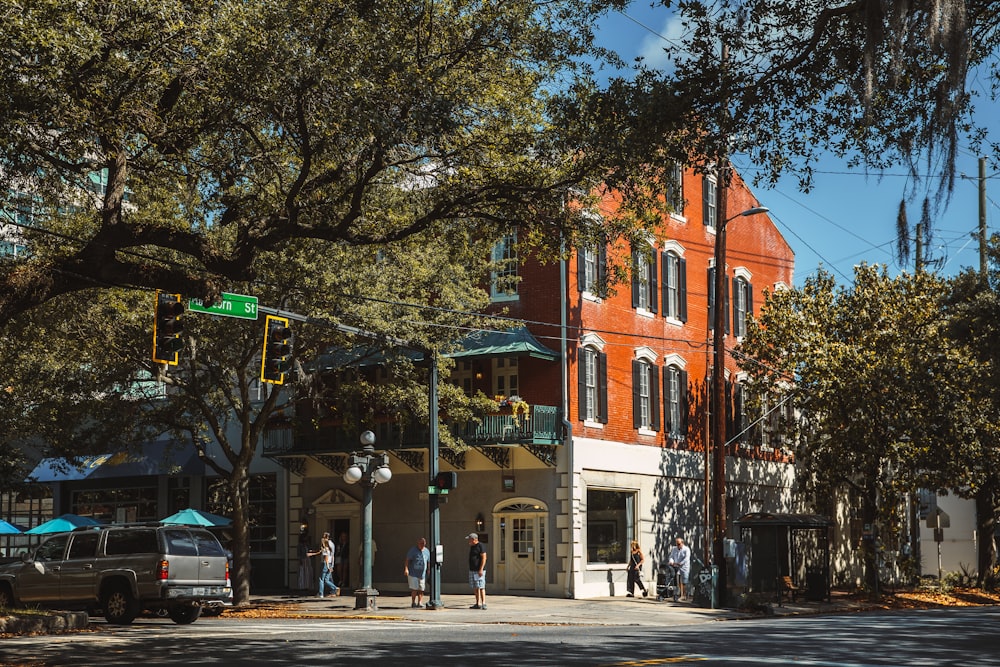 a street corner with a large building