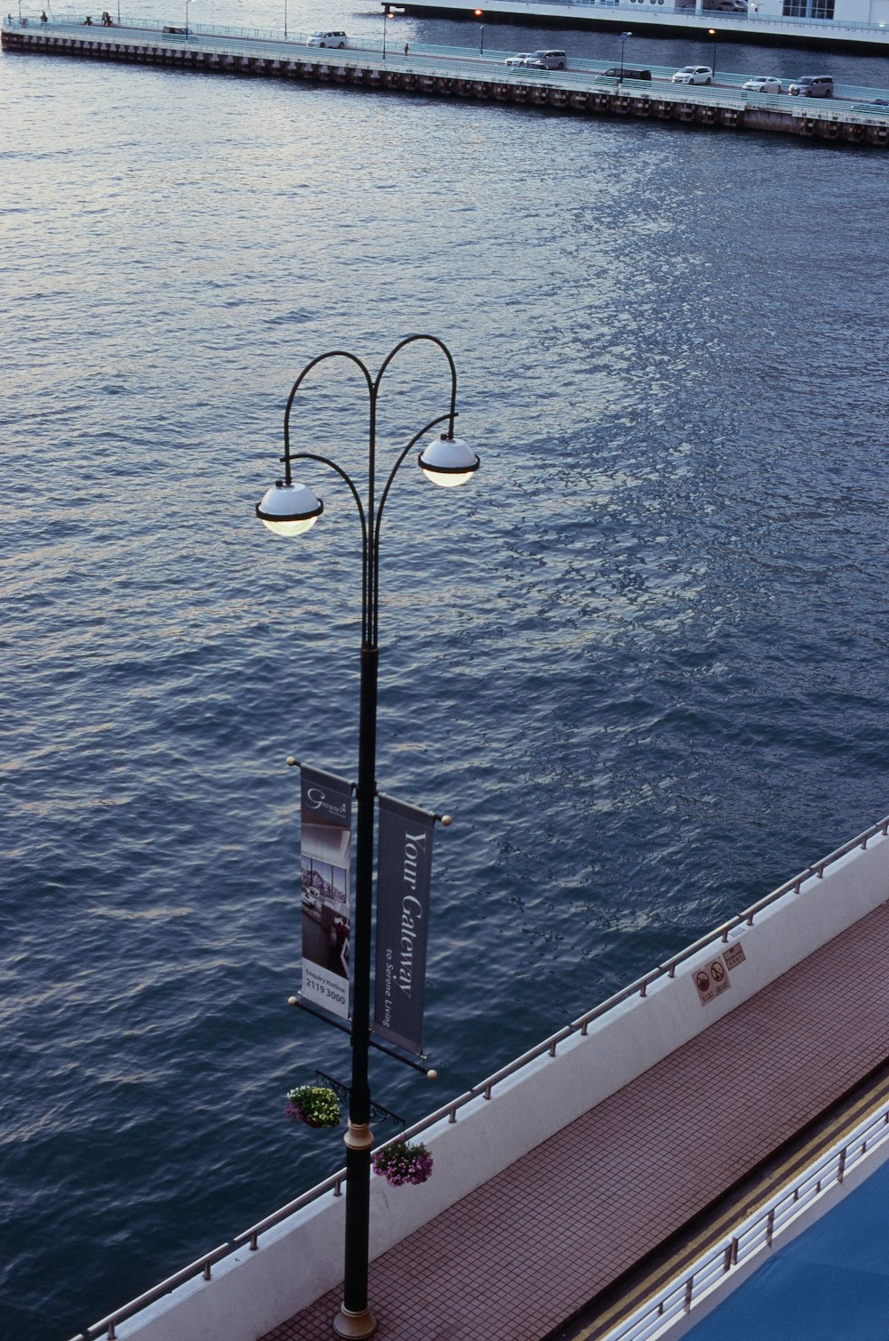 a lamp post next to a body of water