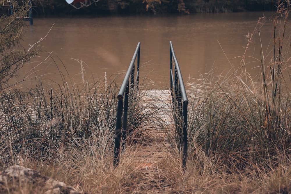 a metal fence in a field