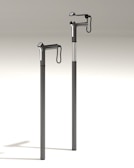 Two sleek, modern walking canes stand upright against a neutral background. Each has a distinctive angular handle with a wrist strap and a retractable measuring scale along the shaft.