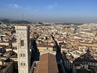 Panoramic view from a tower showing urban rooftops and streets.