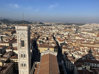 Panoramic view from a tower showing urban rooftops and streets.