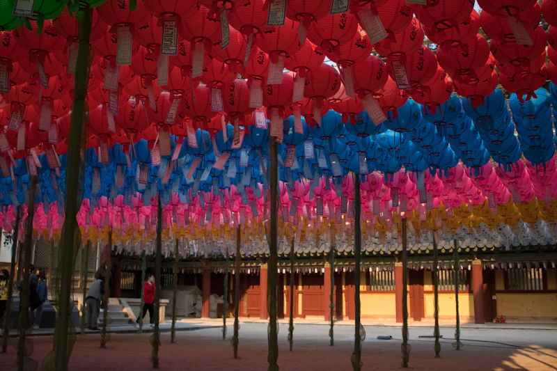 Traditional Korean Buddhist temple with colorful paper lanterns hanging in rows at Bulguksa Temple in Gyeongju South Korea