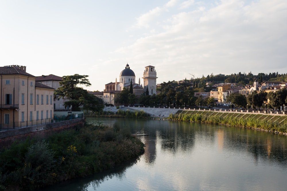 a river with buildings along it