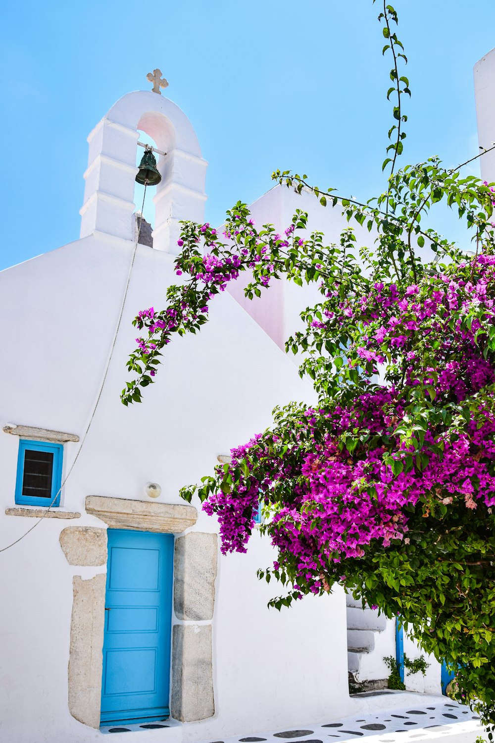 a building with a blue door and a tree with flowers on it