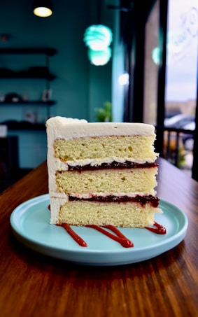 A slice of layered vanilla cake with cream and red berry filling, positioned on a light blue plate atop a wooden table. The background consists of a teal wall and soft lighting from a window, with out-of-focus elements like shelves and a glowing pendant light.