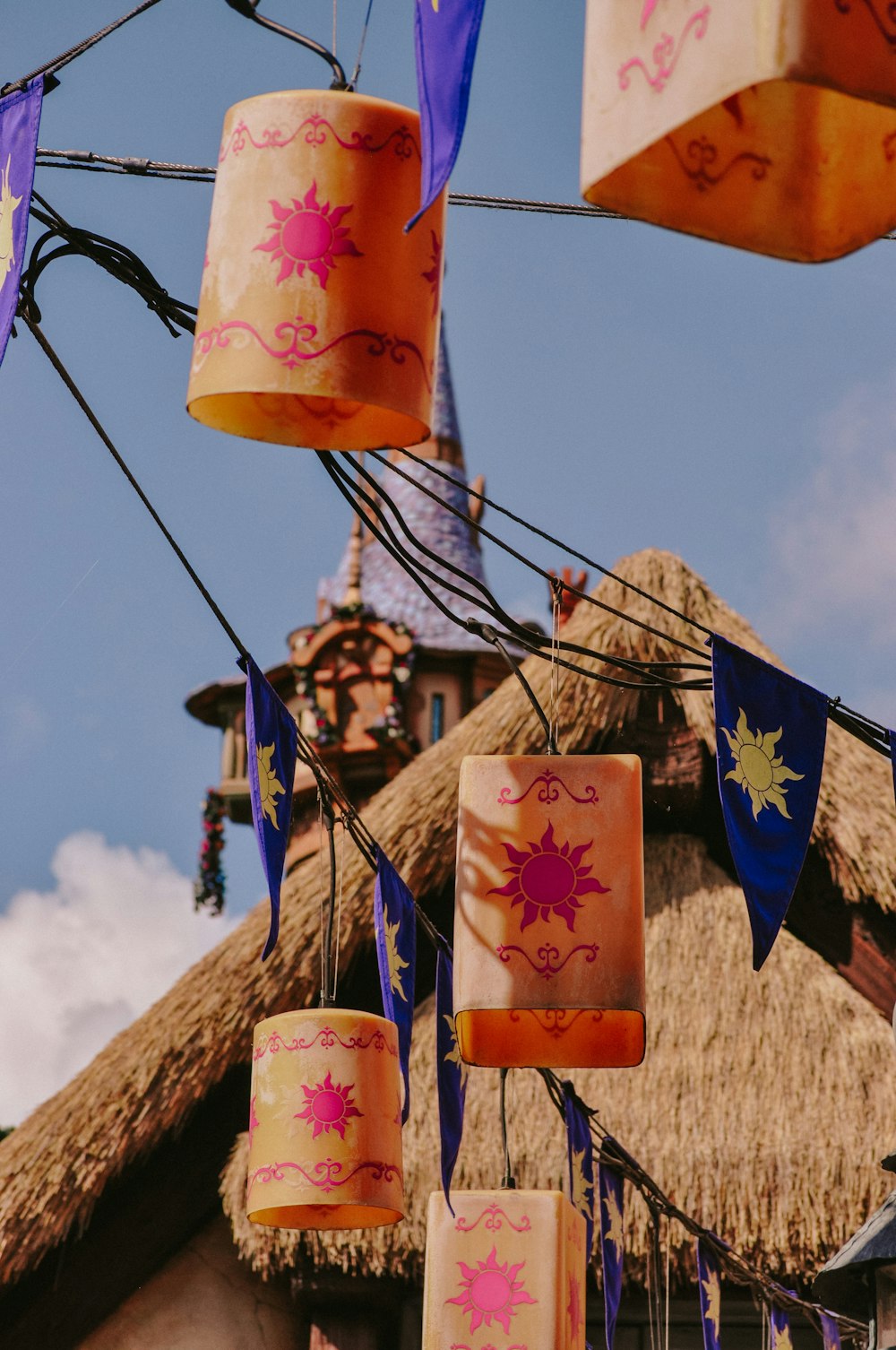 a group of colorful lanterns from a string