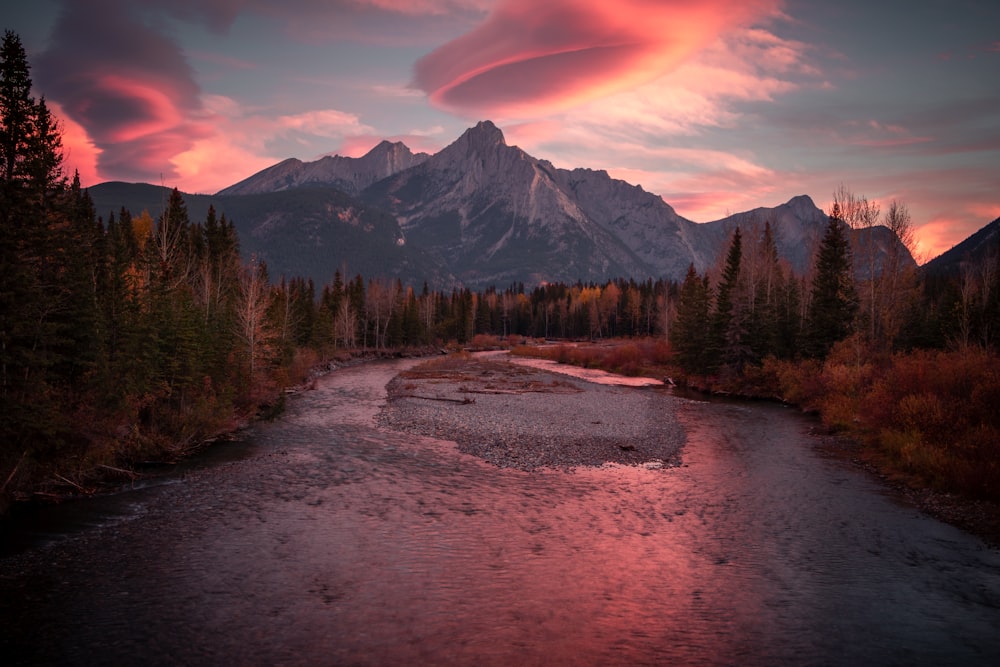 a river with trees and mountains in the background