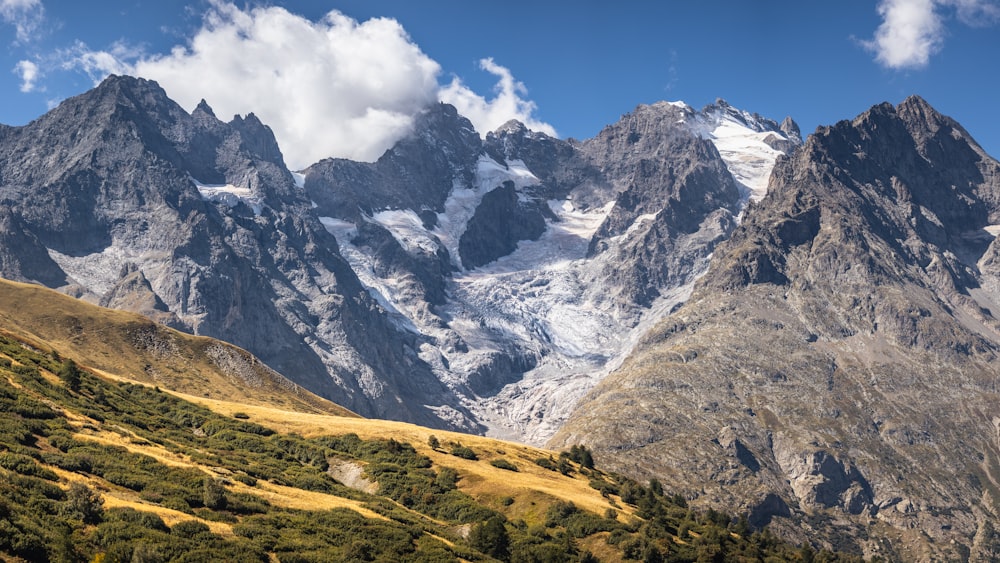 a mountain range with snow