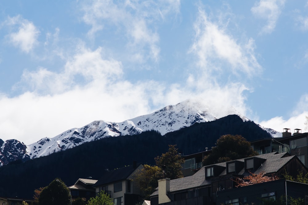 a group of houses with mountains in the background