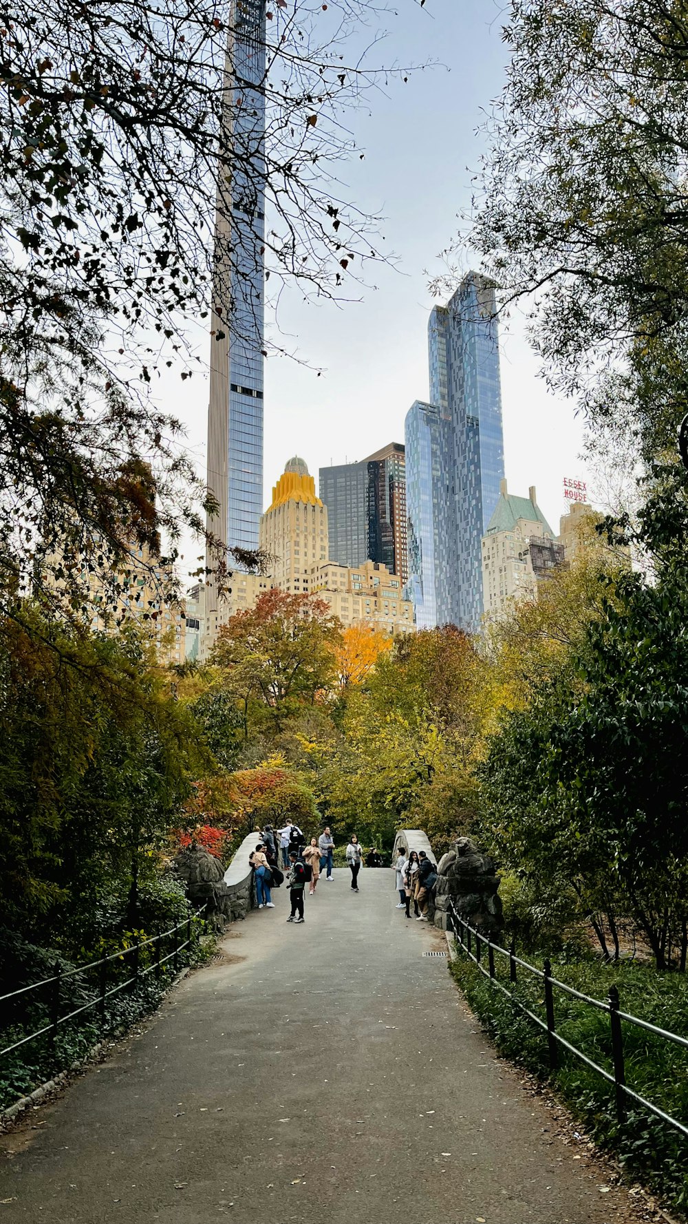 a group of people walking on a path in front of a city