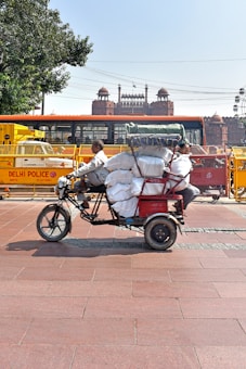A man is riding a tricycle loaded with bags on a street in front of a historical building with large domes. A yellow barricade with the 'Delhi Police' insignia is also visible, and a bus can be seen in the background. The street has a smooth, tiled surface and a tree is present on the left side.