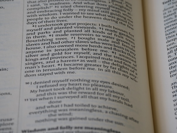 A close-up of an open book with text in a serif font on off-white pages. The content appears to be prose with numbered sections at the beginning of each paragraph. The paper shows some wear, giving it a slightly aged appearance.