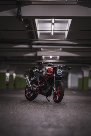 a motorcycle parked in a garage