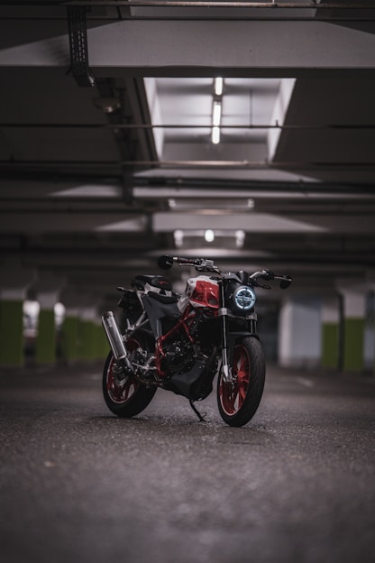 a motorcycle parked in a garage