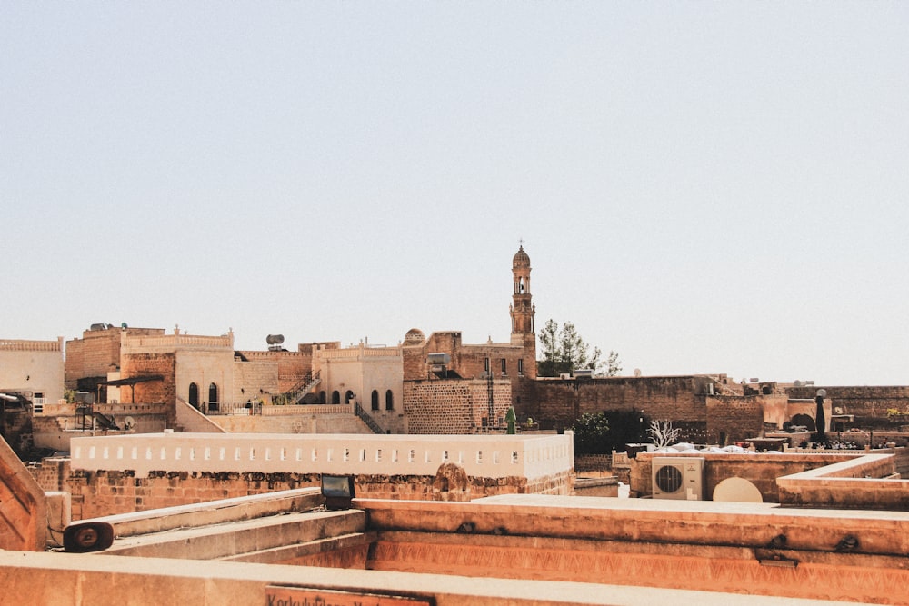 a large city with a tower