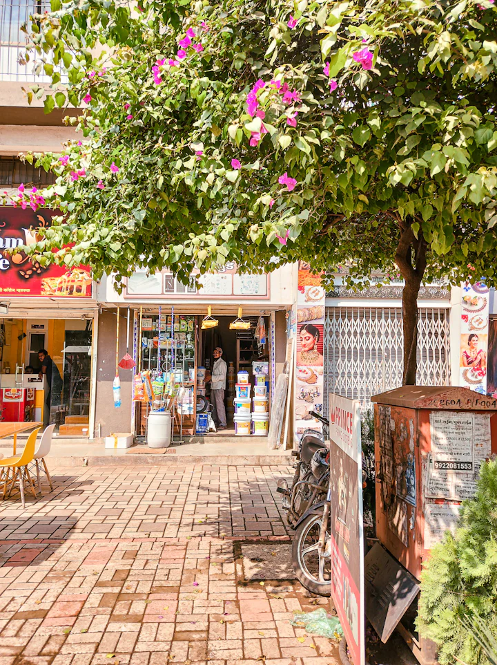 A street of small shops with trees and a footpath