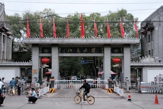 a person riding a bicycle under a bridge