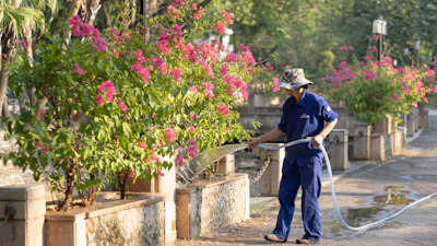 a police officer spraying flowers