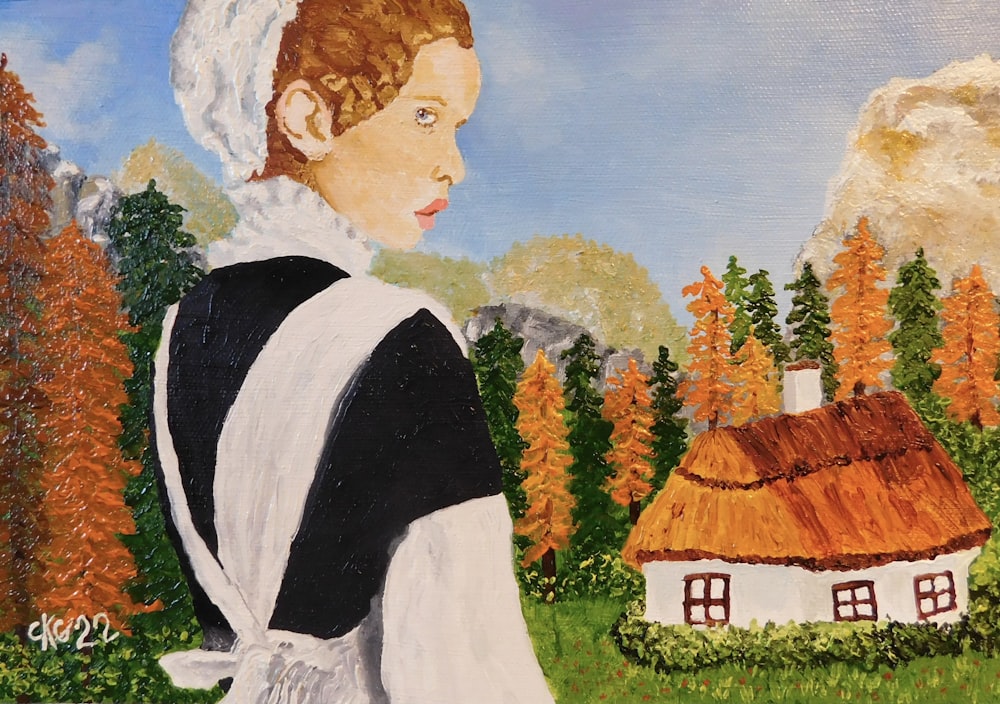 una pintura de una persona con un vestido blanco y negro de pie frente a una casa y un