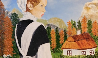 a painting of a person in a black and white dress standing in front of a house and a
